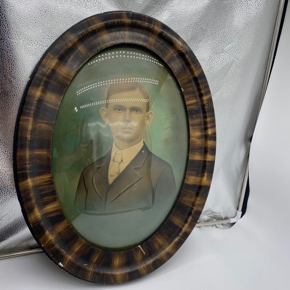 Vintage Convex Domed Bubble Glass Frame Oval Tiger Stripe Wood Antique Portrait